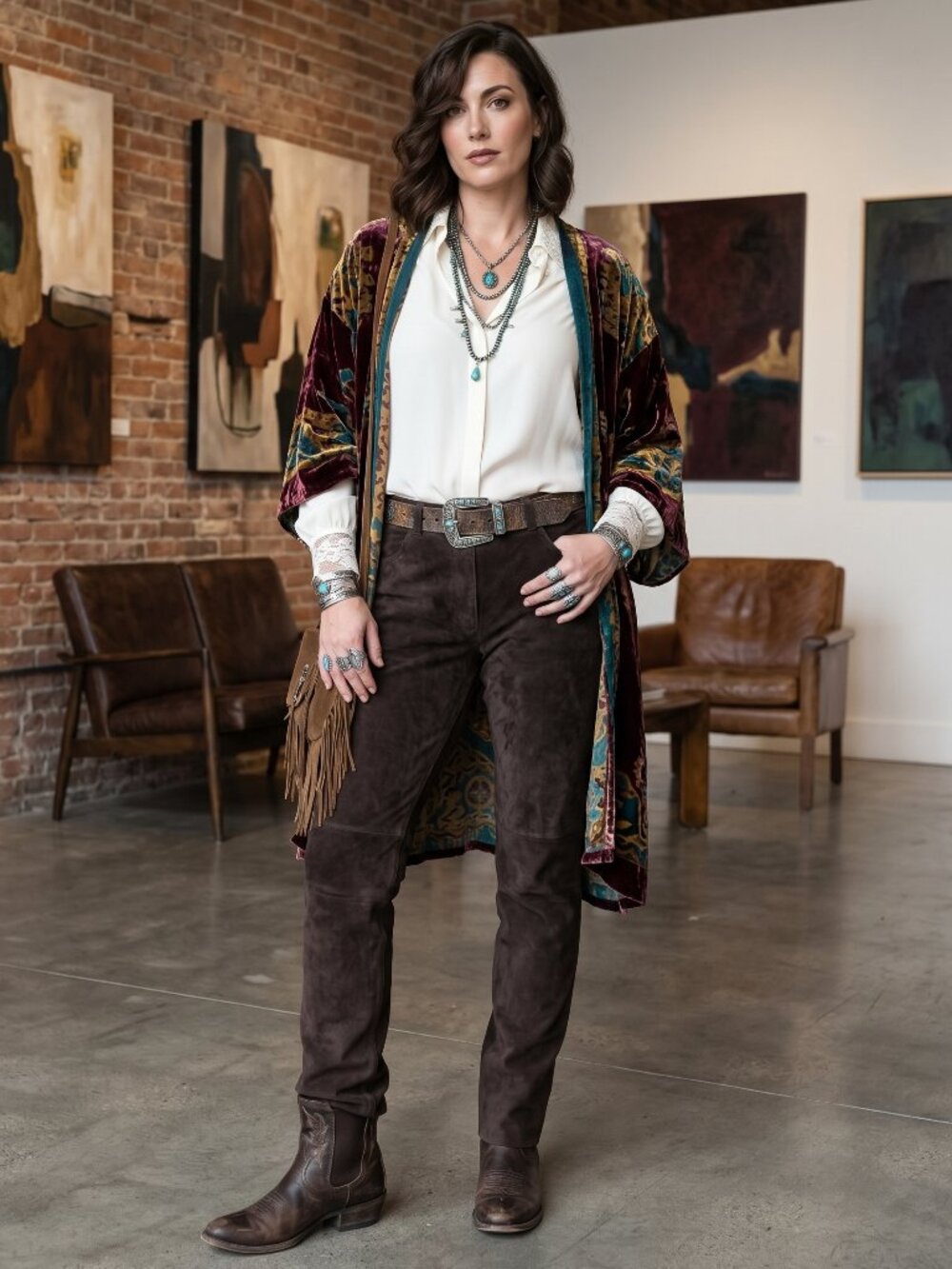 Brown Genuine Suede Leather Straight Pants Quiet Luxury Western Chic Boho  12
